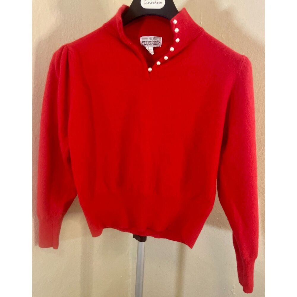 Vintage Sears Angora Wool Red Sweater w/ Pearl Buttons Size L